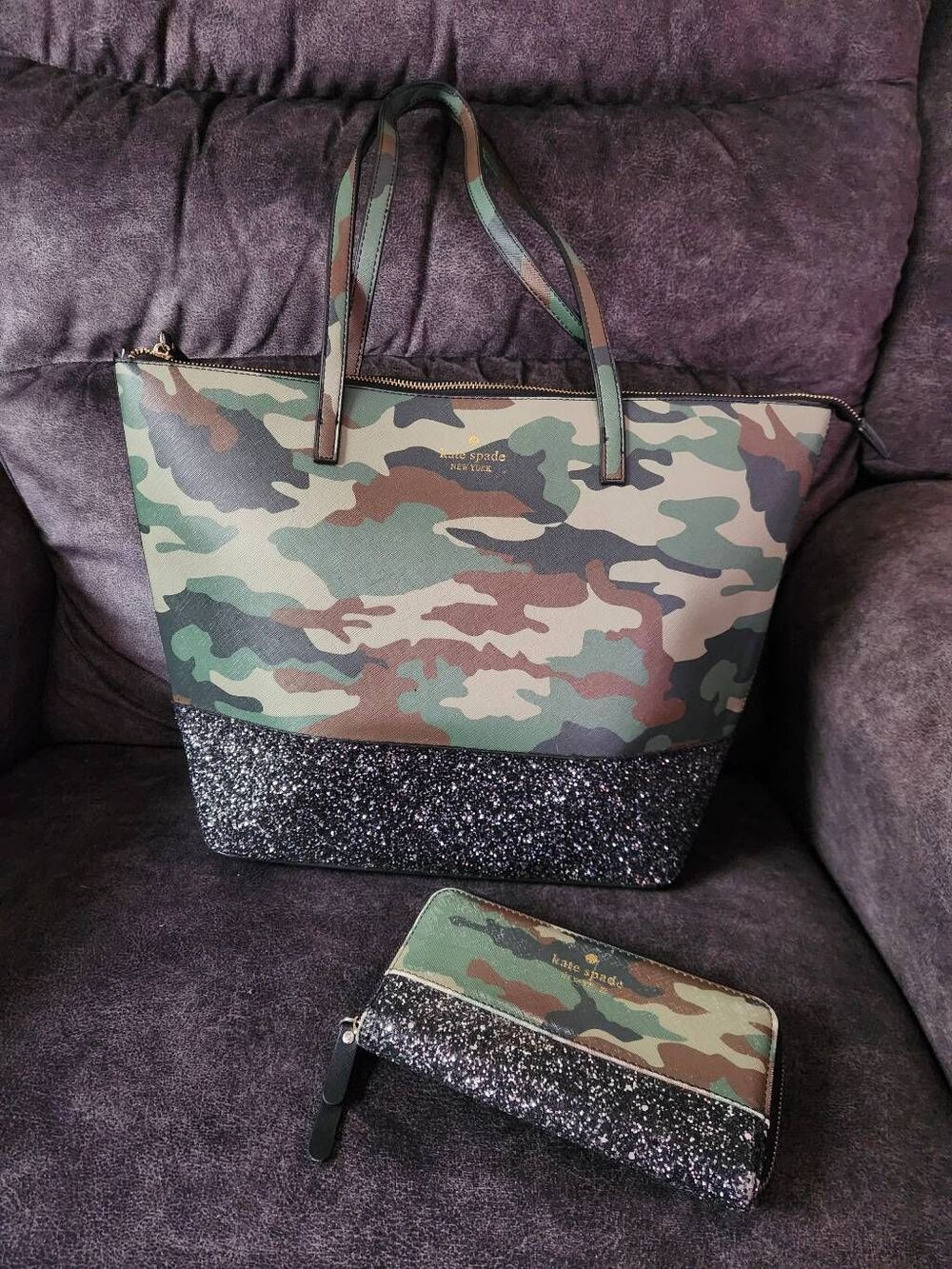 Kate Spade camouflage tote bag featuring a black glitter bottom accent and match